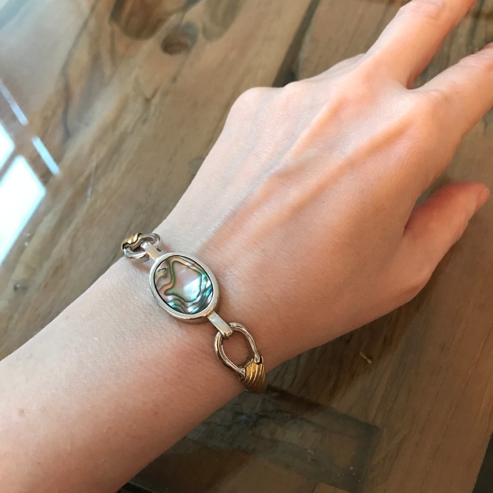 Abalone Hinged Bracelet Silver Cuff Gold Details 6 - Picture 2 of 5